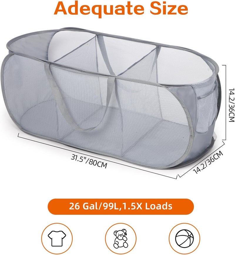 Bemkoo Durable Collapsible Foldable Pop Up Laundry Hamper, Sturdy 3 Compartments, Handy Pocket & Easy to Sort Clothes Hampers for Dorm, Kids Room, Travel - Grey - Image 4